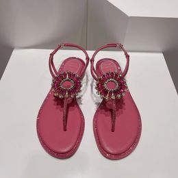 Rene Caovilla platte hakken sandalen zonnebloem water diamanten gesp lederen enkelbandje gesp casual designer schoenen dames klassieke clip teen sandaal
