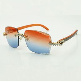 Moda sin marco de lujo de 5,0 mm Nuevas gafas de sol con lentes de corte de diamante para hombres y mujeres Diseñador sin marco 3524014 con patas originales de madera de color naranja