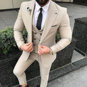 Modieuze Bruidegom Tuxedos One Button Beige Peak Revers GroomsMen Wedding Mens Blazer Diner Parts (Jas + Broek + Vest + Tie) J769