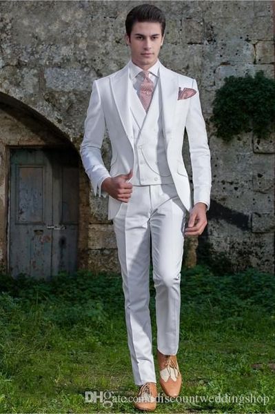 Tuxedos de marié à la mode Slim Fits White Peak Revers Homme Robe de mariée Mens Blazer Dîner Costumes d'affaires (Veste + Pantalon + Gilet + Cravate) J761