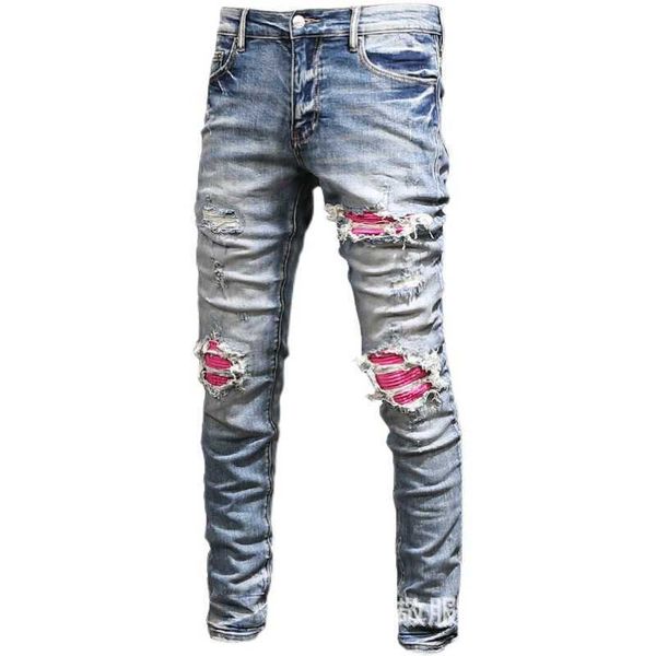 À la mode High Street Fashion Brand Jeans avec des trous Mens Personnalité Patch Élastique Slim Fit Leggings