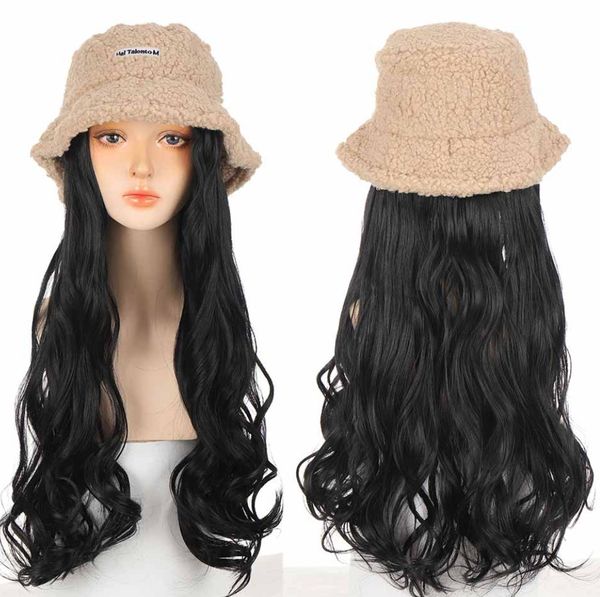 Chapeau de perruque intégré à la mode pour les femmes avec de longs cheveux bouclés et de la laine d'agneau chaud pour l'hiver Plusieurs styles disponibles