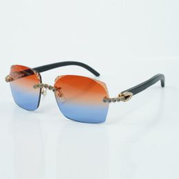 Nuevo producto de moda gafas de sol talladas y con diamantes de ramo azul 3524018 con patillas de madera negra natural y un grosor de lente de 3,0 mm