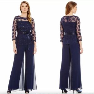 Moda de traje de pantalón Mangas largas de encaje Tallas grandes Madre Novia Cuentas Cinta Vestidos de noche Moda