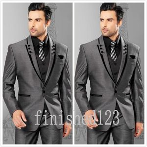 Modieuze One Button Grey Groom Tuxedos Peak Revers Groomsmen Best Man Wedding Prom Diner Past (Jas + Pants + Vest + Tie) G5180