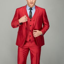 Modieuze One Button Red Groom Tuxedos Notch Revers Mannen Bruiloft GroomsMen 3 Stuks Suits (Jas + Broek + Vest + Tie) K225