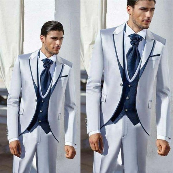 Moda un botón brillante plata gris novio esmoquin pico solapa hombres boda fiesta padrino 3 piezas trajes chaqueta pantalones chaleco Ti2904