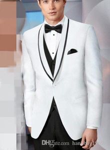 Moda un botón blanco novio esmoquin chal cuello para hombre fiesta vestido de graduación ropa de boda trajes (chaqueta + Pantalones + chaleco + corbata) D: 200