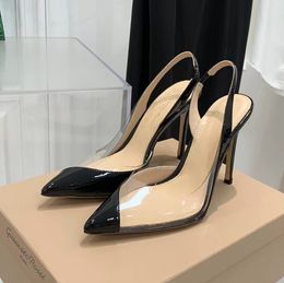 Zapatos de vestir puntiagudos de moda Slingback Sandalias de tacón de aguja Cuero de laca Bombas de PVC transparentes emparejadas Diseñadores de lujo Zapato de noche Tamaño 35-41