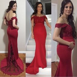 Modieuze rode zeemeermin van de schouder satijnen avondjurken Sexy Sweep Train Long Prom Dresses Formele Vestidos Festa Maternity Jurken