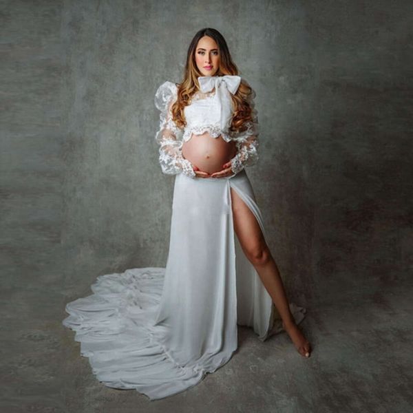 Vestido de mangas de frase de moda con chifón de encaje Maternity Photography Photo Set falda