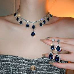 Aiguille en argent à la mode, goutte d'eau, ensemble de diamants, boucles d'oreilles bleues gemme, ensemble de colliers, fête des femmes, mariage, fiançailles, cadeaux de couple