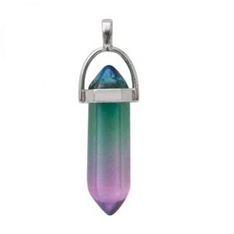 Modieuze eenvoudige persoonlijkheid natuursteen glazen multicolored hexagonale kolom hanger bullet ketting trui ketting Unisex G1206