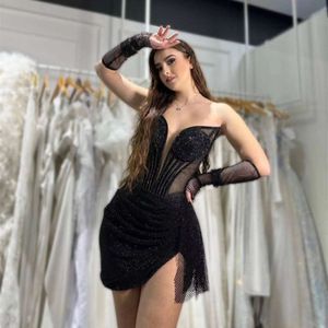 Modieuze mouwen, sexy perspectief, zwarte strapless jurk met pailletten, modieuze en warme feestjurk 602089