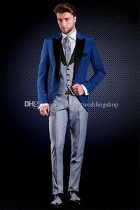À la mode Slim Fits Blue Groom Tuxedos Peak Lapel Men Work Suit Wedding Party Prom Dress 3 pièces Costumes (Veste + Pantalon + Gilet + Cravate) K188