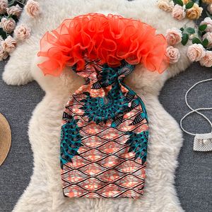 Modieuze driedimensionale gaas patchwork bedrukte jurk Rechte hals Strapless Chique Hippe wikkeljurk
