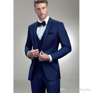 Modieuze Twee Button Blauwe Bruidegom Tuxedos Notch Revers GroomsMen Beste Mens Heren Bruiloft Pakken (Jas + Broek + Vest + Tie) D: 216