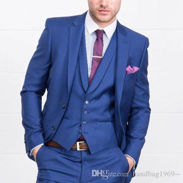 Tuxedos de marié bleu à deux boutons à la mode Notch Lapel Groomsmen Best Man Blazer Costumes de mariage pour hommes (veste + pantalon + gilet + cravate) H: 733