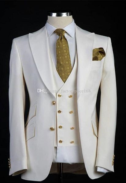 Moda dos botones padrino pico solapa novio esmoquin hombres trajes boda/graduación/cena hombre Blazer (chaqueta + Pantalones + corbata + chaleco) A159