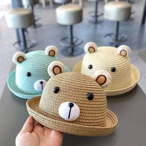 Pescador lindo, versátil y de moda, Trenza de hierba adecuada para niños y niñas, sombrero de paja, vacaciones transpirables, visera de juego en la playa, osito, gorra para niños