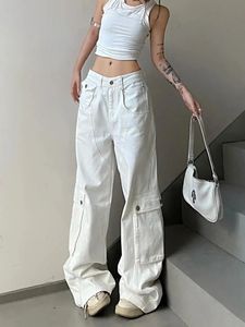 Modieuze witte merchandise damesjeans met hoge taille en wijde pijpen Y2k rechte broek met meerdere zakken Veelzijdige streetwear herfst 2023 240130