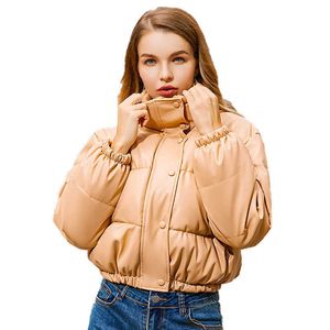 Veste parka en cuir chaude d'hiver à la mode, manteaux d'hiver noirs à bulles courtes, manteaux courts bouffants pour femmes brillants 1Q10L