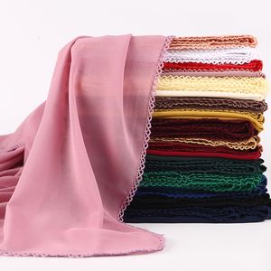 Modieuze vrouwen kant randen sjaals islamitische hoofd sjaal chiffon moslim hijabs tulband gewoon lange sjaal hoofddoek stal 72 * 175cm