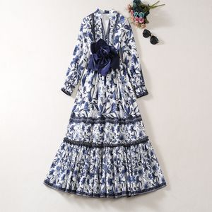 Robe à la mode pour femmes 2023 automne/hiver nouvelle mode européenne et américaine col en V numéro imprimé robe de taille en porcelaine bleue et blanche S-XXL décoration florale 3D