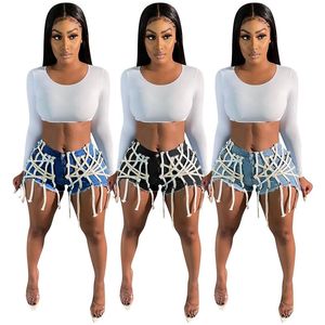 Modieuze Vrouwen Shorts Jeans String Kwasten Ontwerp Hoge Taille Ripped Straight Casual Denim Club Streewear Zomer W220326