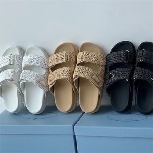 Modieuze geweven dia's Designer schoenen Straw dames haak zwart platform wiggen voor vrouw zomer flat sandalen vrouwen comfortabel chic strand zwembad sh014 b4