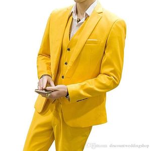 À la mode jaune homme travail costume Revers Cran Hommes De Mariage Robe De Bal Blazer Dîner costumes Smokings de marié (veste+pantalon+gilet+cravate) J785