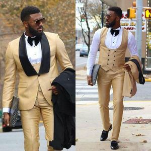 FashionChic Gold Costumes Pour Hommes Tuxedos De Mariage Noir Châle Revers Slim Fit Formel Prom Party Costume Garçons D'honneur Costumes De Marié Veste + Gilet + Pantalon