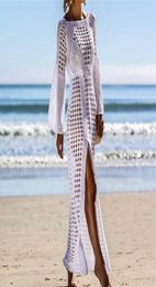 Fashion Crochet White Knitted Beach Cover Ups Swimwear Dress Tunic Long Pareos Bathing Suit Bikini Coverup Swim Cover Up Robe Plage9169321