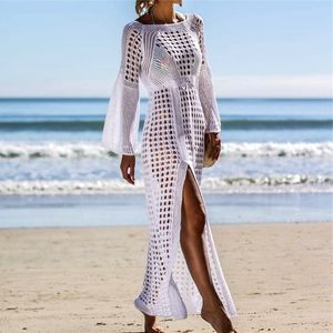 FashionCrochet Blanc Tricoté Beach Cover ups Maillots de bain Robe Tunique Long Pareos Maillot de bain bikini coverup Swim cover up Robe Plage Beachwear