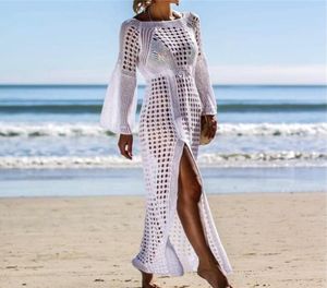 Fashion Crochet White Knitting Beach Cover Ups Swimwear Jurk Tuniek Long Pareos Badpak Bikini Coverup Swim Cover Up Robe Plage7883513