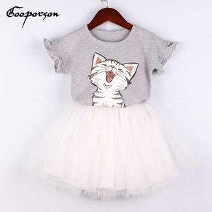 Fashiong niños niñas ropa conjunto lindo gato impreso gris camiseta y falda tutú blanca princesa ropa traje para niña verano 210715