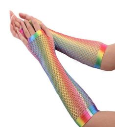 Fashionrainbow Fishnet Fingerless Gloves Sexy kleurrijke glanzende zeemeermin Lange Halffinger Handschoenen bruidsfeest nachtclub fishnet gl2950279