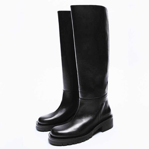 Fashions Bottes chaussures hiver Nouveau botas mode Style Cuir Bottes Plates Bout Rond Sable Brun Genou Cuisse Talon Haut Jambe Large Cavalerie Femmes