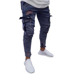 Mode Denim Hommes Coréen Stretch Hip Hop Poches Déchiré Jeans Masculino Slim Fit Pantalon Skinny Jeans Pour Hommes Pantalon Crayon 20356M