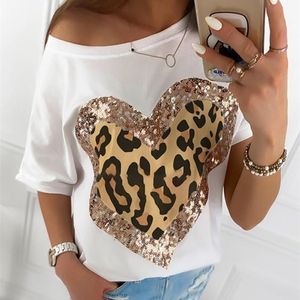 FashionSequined Leopard Heart Impreso Casual Negro Camisa blanca O-cuello Elegante Tees Lady Summer Mujeres Tops Manga corta G1765 220325