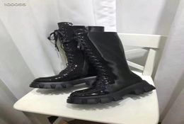 Fashionville 2019090404 Boots de la plate-forme haute de la dentelle en cuir authentique noir 9596345