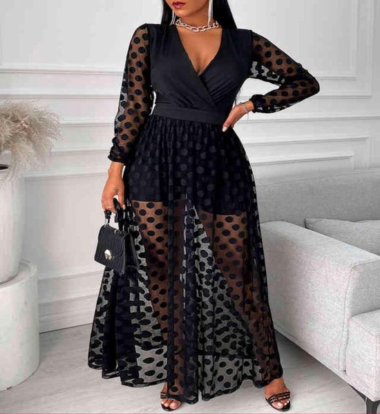 FashionWomen039s Ropa Primavera Polkadot Print Wrap Vestido largo de manga larga Ver a través de fiesta Boda Formal Elegante Boho V Ne5948338