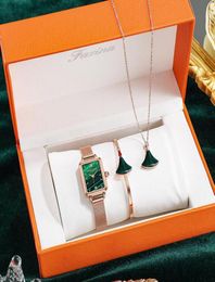 Fasina Fashion Watch Set Ladies 30 mm Quartz Daily Imperproof-Wristwatch Bracelet Collier Kit Green Square Dial Festival Birthday 8618843