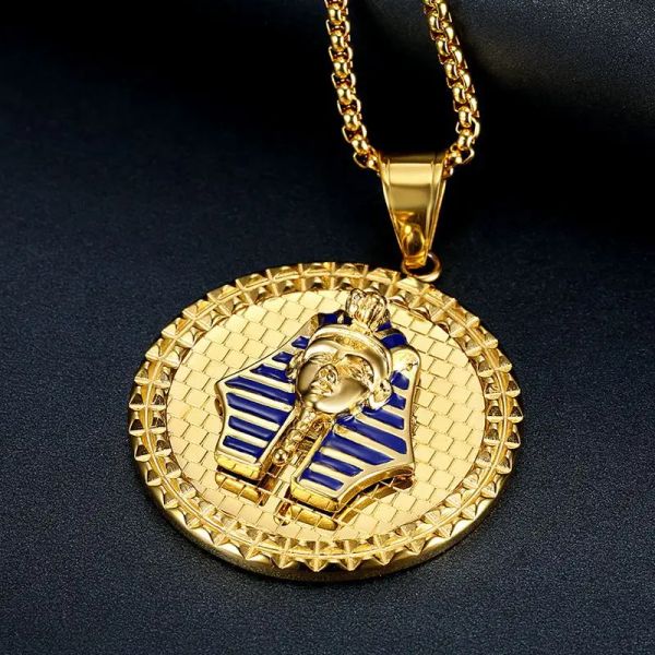 Mode Lassic antique égyptien pharaon Toutankhamon masque médaille pendentif 14K or colliers pour hommes Hip-Hop fête bijoux cadeau