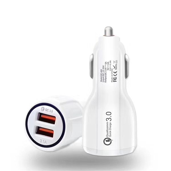 Cargador de coche rápido y adaptable QC 3.0 Puertos USB duales 3.1A Cargadores de adaptador de corriente automático para Iphone 11 12 13 pro max samsung Lg con caja retial