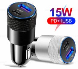 Cargador de coche rápido 15W tipo C PD USB 3.1A cargadores de metal de doble puerto adaptador de cargador de coche Universal para iPad todos los teléfonos móviles