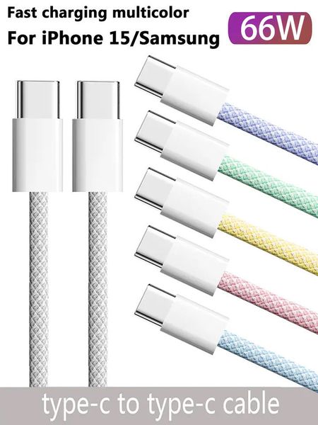 Charge rapide 66W 3A USB Type C vers câble de type C Ligne de données pour iPhone 15 Xiaomi Poco Câble de chargeur rapide 1m 1,5m 2m Câble de charge de données en nylon Fil 20V