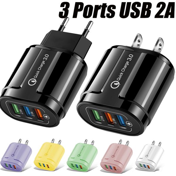 Carga rápida Multi-puerto 3USB 5V 2A Teléfono celular Cargador rápido Móvil Macaron Color Cargadores Adaptador europeo americano