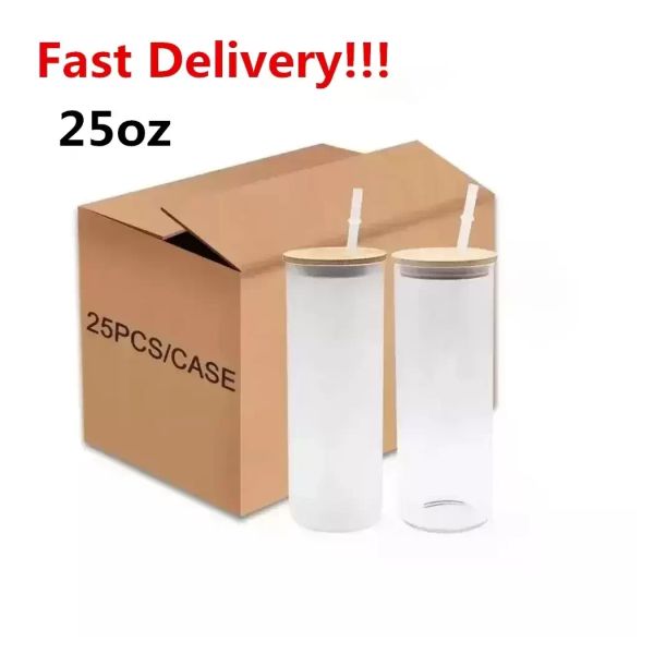 Vasos de sublimación de entrega rápida Tazas de vidrio de 25 oz Botella de agua transparente y esmerilada con tapa de paja