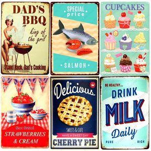 Fast Food Vintage Métal Peinture Bar Pub Maison Décoration Murale Lait Frais Rétro Art Affiche Cupcakes Café DADS BBQ Cerise Tarte Assiette 20cmx30cm Woo